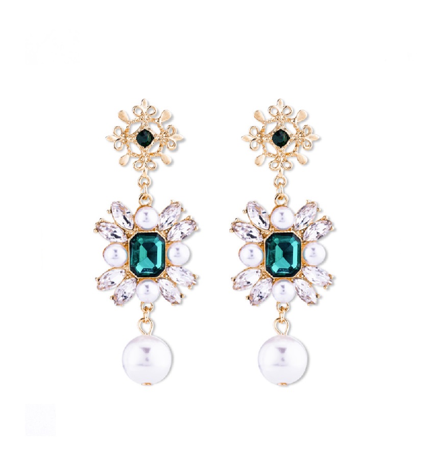 Vintage Emerald Glass Pearl Dangle Earrings